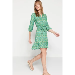 Trendyol Green Printed Belted A-Line/A bell-shaped Formal Crepe/Textured Mini Knitted Dress