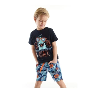Denokids Shark Hawaiian Boy Kids' Navy Blue T-shirt with Tropical Shorts Set.