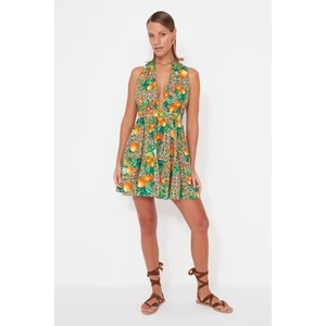 Trendyol Fruit Patterned Mini-Weave Beach Dress with Neckline, 100% Cotton