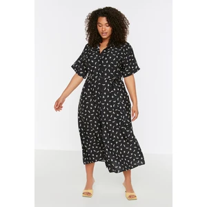 Trendyol Curve Black Patterned Belted Slit Detailed Woven Dress