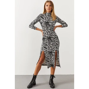 Cool & Sexy Women's Black and White Double Slit Zebra Pattern Dress