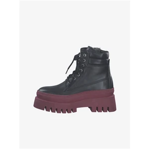 Burgundy-black leather ankle boots with fur Tamaris - Ladies