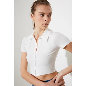 Trendyol White Polo Collar Ribbed Knit Blouse