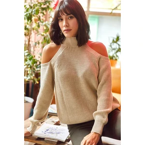 Olalook Women's Stone Half Turtleneck Open-Shoulder Loose Knitwear Sweater