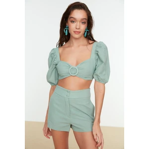 Trendyol Mint Balloon Sleeve Buckled Shorts Blouse Set