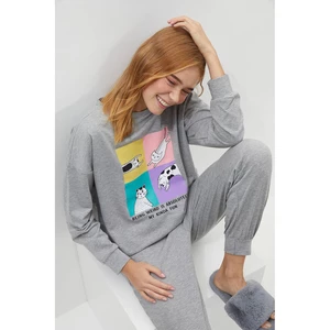 Trendyol Gray Printed Knitted Pajamas Set
