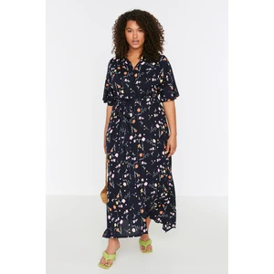 Trendyol Curve Navy Blue Floral Patterned Slit Detailed Dress