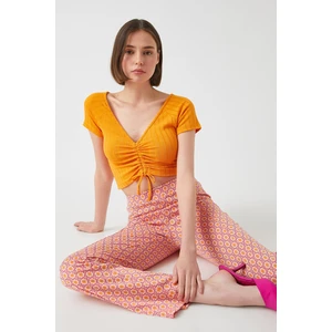 Koton Crop V-Neck Pleated Short Sleeve T-Shirt