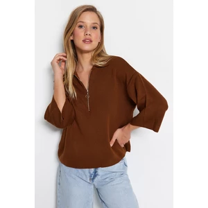Trendyol Brown Oversize Zipper Detailed Knitwear Blouse