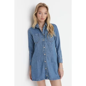 Trendyol Blue Long Sleeve Stitching Detailed Mini Denim Dress