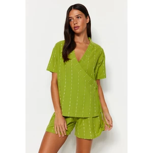Trendyol Light Green Striped 100% Cotton Wide Fit T-shirt-Shorts, Woven Pajamas Set
