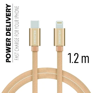 Adatkábel Swissten textil s USB-C + Lightning konnektorral és gyorstöltés támogatással 1,2 m, arany