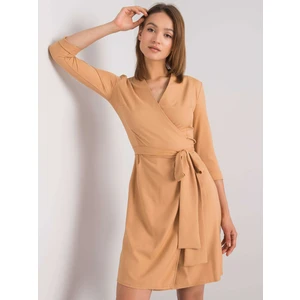 Dark beige women's dress with a tie