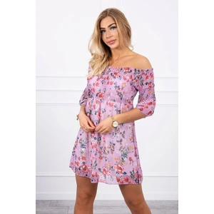 Off-the-shoulder dress with a flower pattern purple