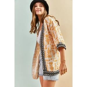Bianco Lucci Women's Small Tree Patterned Kimono with Black Side Detail