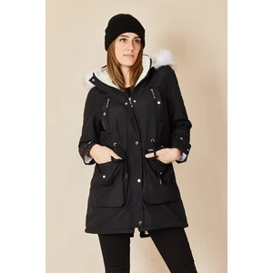 HAKKE Women's Snap Fastener Hooded Fur Coat Chest Pocket Coat