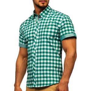 Zelená pánska károvaná košeľa s krátkymi rukávmi BOLF 6522
