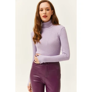 Olalook Women's Lilac Turtleneck Finger Detailed Lycra Blouse
