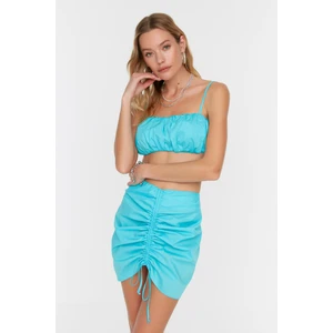 Trendyol Turquoise Shirred Detailed Poplin Bottom-Top Set