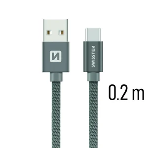 Adatkábel Swissten textil USB-C konnektorral és gyorstöltés támogatással 0,2 m, szürke