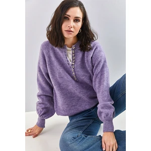 Bianco Lucci Women's Button-down Collar Turtleneck Striped Knitwear Sweater
