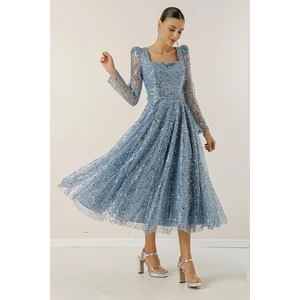 By Saygı Square Neck Long Sleeves Lined Sequins Beaded Dress