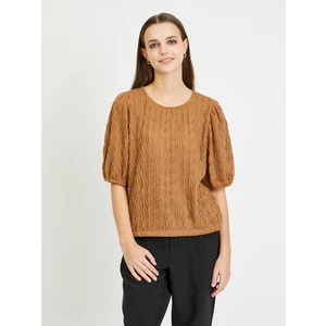 Brown Pleated Blouse with Balloon Sleeves VILA Plisso - Women