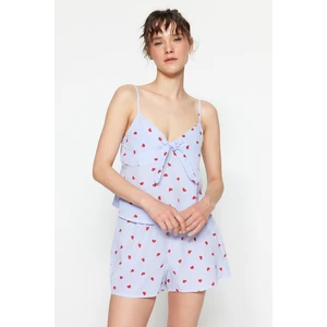 Trendyol Blue Striped Heart Printed Poplin Singlets-Shorts Woven Pajamas Set