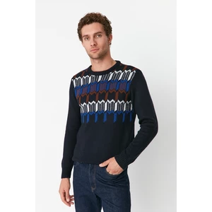 Trendyol Navy Blue Men's Slim Fit Crew Neck Patterned Knitwear Sweater