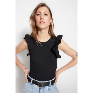 Trendyol Black Frill Detailed Ribbed Crew Neck Flexible Snap Snap Knitted Body