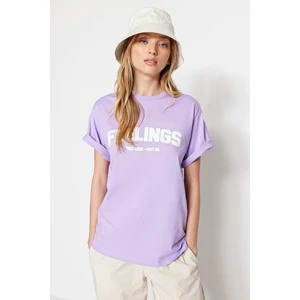 Trendyol Lilac 100% Cotton Slogan Printed Boyfriend Fit Crew Neck Knitted T-Shirt