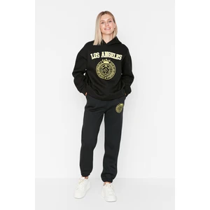 Trendyol Black Loose Jogger Printed Raised Thick Knitted Sweatshirt
