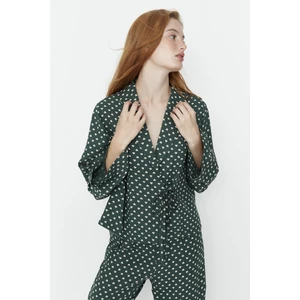 Trendyol Green Heart Patterned Tie Detailed Shirt-Pants Woven Pajamas Set