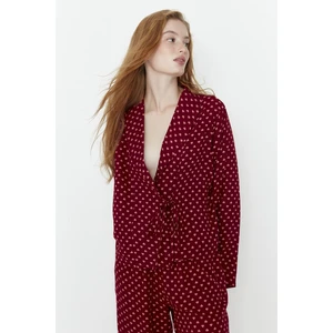 Trendyol Burgundy Heart Pattern Viscose Woven Pajamas Set with Lace-Up Detail