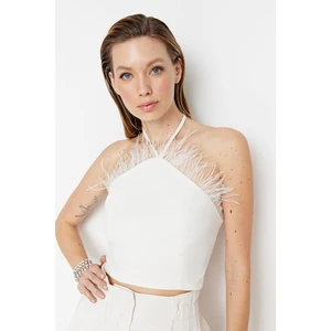 Trendyol Ecru Crop Lined Woven Fringe Bridal Bustier