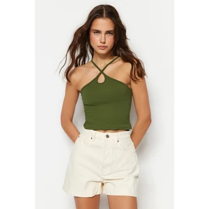 Trendyol Khaki Seamless Drop Detail Fitted Crop Stretchy Knitted Blouse
