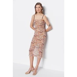 Trendyol Brown Straps Fitted/Slip-On Square Neck Tulle Midi Stretch Knit Dress