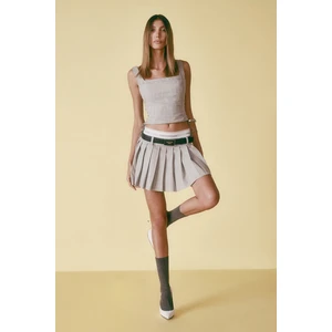 Trendyol X Sagaza Studio Gray Striped Pleated Skirt With Elastic Detail