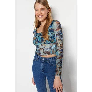 Trendyol Blue Patterned Fitted Crop Tulle Stretch Knitted Blouse