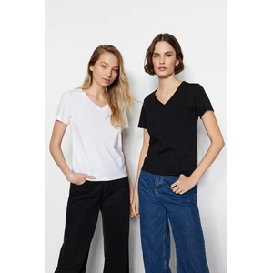 Trendyol Black-White 100% Cotton 2-Pack Basic V-Neck Knitted T-Shirt