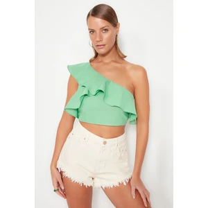 Trendyol Green Crop Ruffles One-Shoulder 100% Cotton Blouse