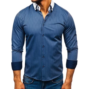 Tmavě modrá elegantní pánská proužkovaná košile s dlouhým rukávem Bolf 0909-A