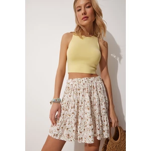 Happiness İstanbul Women's Bone Floral Ruffle Summer Viscose Mini Skirt