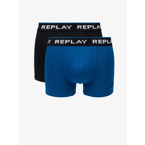 Replay Boxerky Boxer Style 2 Cuff Logo&Print 2Pcs Box - Black/Cobalt Blue - Pánské