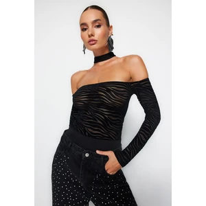 Trendyol Black Animal Pattern Knitted Flocked Printed Tulle Body