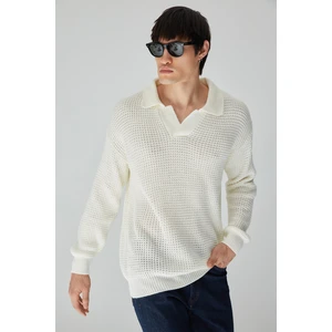 Trendyol Ecru Men's Oversize Fit Wide-Mould Polo Collar Pop Knitwear Sweater