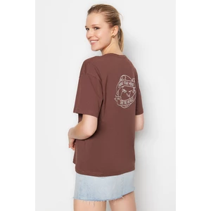 Trendyol Brown 100% Cotton With Embroidery Relaxed/Wide, Comfortable Cut Crewneck Knitted T-Shirt
