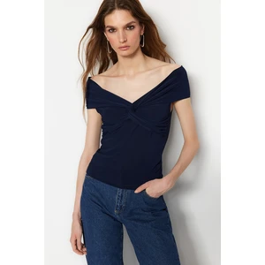 Trendyol Navy Blue Shirring Detailed Fitted/Sleeper Carmen Collar Stretch Knitted Blouse