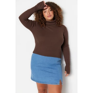 Trendyol Curve Brown Stand-Up Collar Knitted Crop Blouse