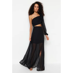 Trendyol Black Lined Window/Cut Out Detailed Chiffon Long Evening Evening Dress